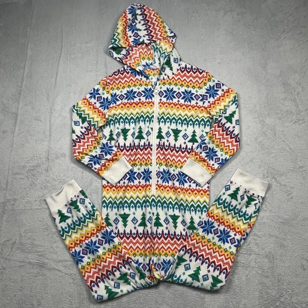 Old Navy One Piece Pajamas Unisex Kids M 8 White Rainbow Fair Isle Holiday Zip